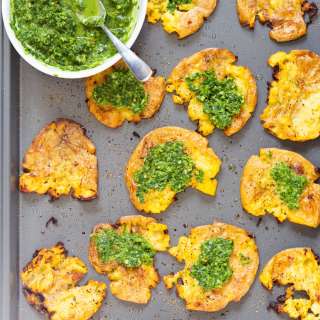Crispy Vegan Smashed Potatoes with Chimichurri