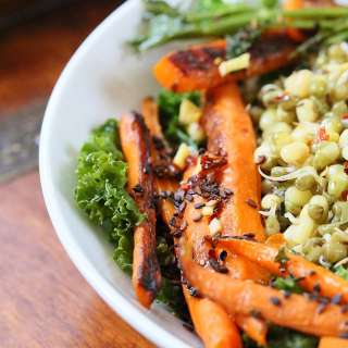 Kale Salad Recipe with Mung Bean Sprouts, Seared Carrots & Chili Lime Sesame Dressing