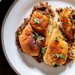 Lentil Keema Pav Casserole (vegan mince curry bread bake)