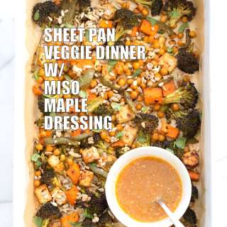 Sheet Pan Veggie Dinner with Broccoli, Sweet Potato, Tofu, Chickpeas & Miso Maple Dressing