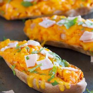 Twice Baked Sweet Potatoes with Cheddar and Canadian Bacon