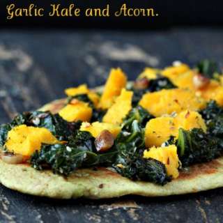 Oil-free Cheesy Avocado Naan flatbread with Garlic Kale and Roasted Acorn. Vegan recipe