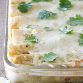 Chicken, Black Bean & Zucchini Enchiladas with Creamy Green Chile Sauce