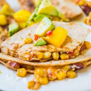 Lightened Up Corn and Bean Quesadillas with Avocado-Mango-Chipotle Salsa