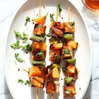 Gochugaru Baked Tofu, Melon, Pepper Veggie skewers with Chili Lime Sauce