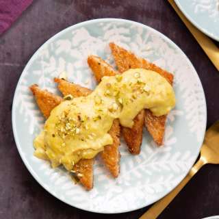 Shahi Tukda (Crisp syrup soaked toasts with Rabri pudding)