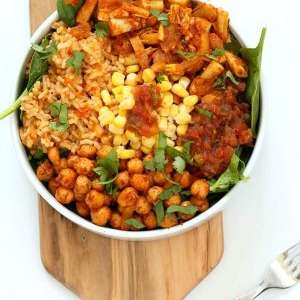 Vegan Tinga bowl with Hearts of Palm, Chickpeas, Spanish Rice