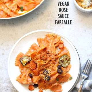 Vegan Rose Sauce Farfalle Pasta with Roasted Veggies.