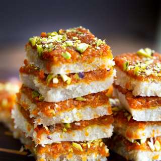 Layered Carrot Halwa Coconut Burfi Bars Vegan