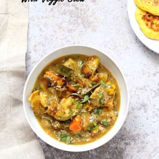 Lentil Fritters in Eggplant, Sweet Potato Coconut Stew - Inspired Bengali Chapor Ghonto