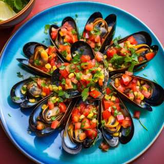 Mussels Topped with Corn/Tomato Salsa
