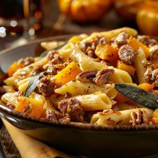 Penne Pasta with Roasted Squash, Sausage and Pecans Recipe