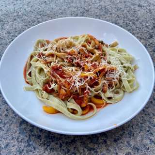 Fettuccini with Doctored Store Bought Tomato Sauce