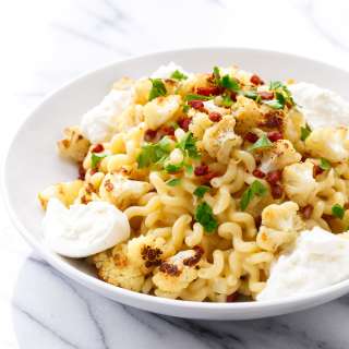 Roasted Cauliflower Carbonara with Burrata