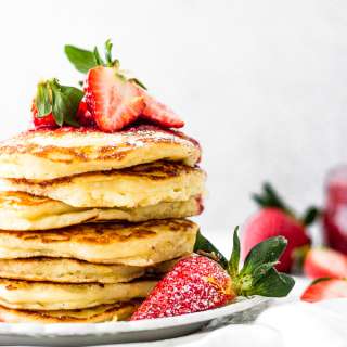 Lemon Mascarpone Pancakes with Strawberry Sauce
