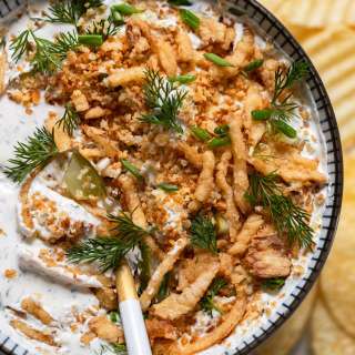Pickle Ranch Dip with Fried Onions