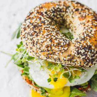 Vegetarian Breakfast Bagel Sandwich with Romesco