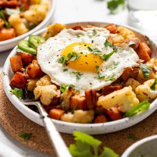 Vegetarian Sweet Potato Breakfast Hash with Cauliflower