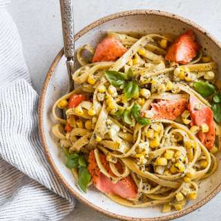 Salmon Pesto Pasta with Corn