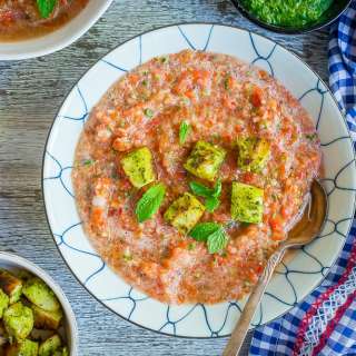 Cherry Tomato Gazpacho with Mint Pesto Croutons