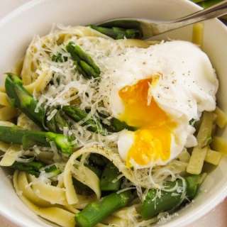 Asparagus and Poached Eggs over Pasta