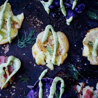 Smashed Roasted Potatoes with Avocado Dill Aioli