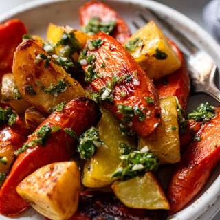 Oven Roasted Yukon Gold Potatoes and Carrots with Parsley Sauce