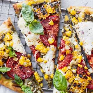 Grilled Corn, Burrata, and Pesto Flatbread