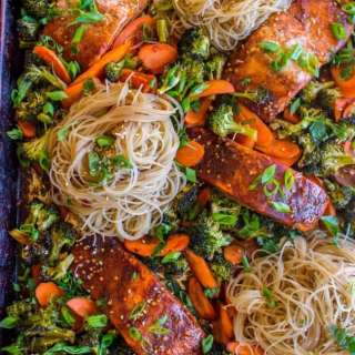 Sheet Pan Asian Salmon with Broccoli, Carrots, and Rice Noodles
