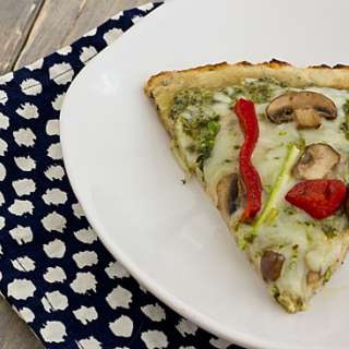 Pesto Pizza with Red Peppers, Mushrooms, & Asparagus