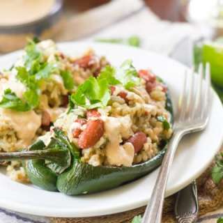 Stuffed Poblano Peppers with Cumin-Lime Cashew Crema