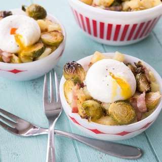 Roasted Brussels Sprouts, White Sweet Potato & Bacon Goal Bowls