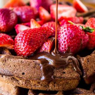 Dark Chocolate Waffles with Ganache and Strawberries