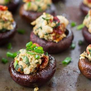 Spinach, Sun-Dried Tomato & Smoky Almond Stuffed Mushrooms