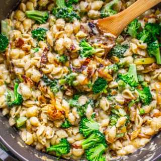 Healthier Mac and Cheese with Caramelized Onions and Broccoli