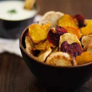 Baked Root Vegetable Chips with Buttermilk-Parsley Dipping Sauce