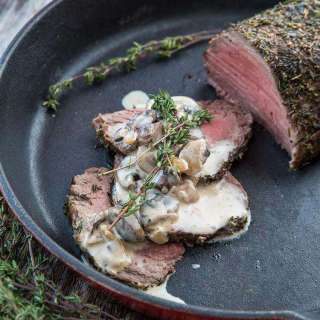 Skillet Beef Tenderloin Roast au Poivre & Mushrooms