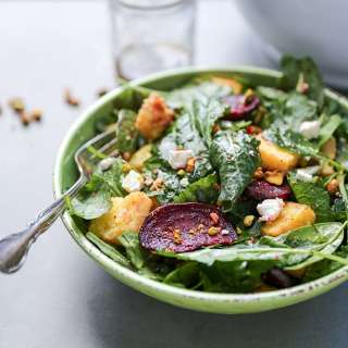 Beet and Mixed Green Salad with Polenta Croutons and Goat Cheese