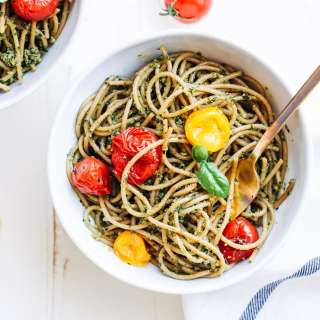 Kale Pesto Pasta with Burst Cherry Tomatoes