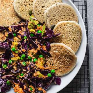 Vegan Buckwheat Pancakes With Tahini Veggie Slaw