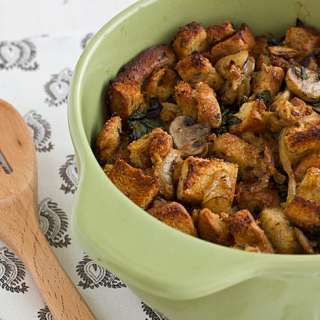 Gluten-Free Stuffing with Kale, Caramelized Onions, and Mushrooms
