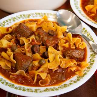 Beefy Pasta Puttanesca Soup