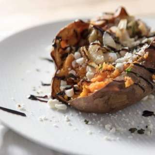 Roasted Yams with Balsamic, Goat Cheese, and Caramelized Onions