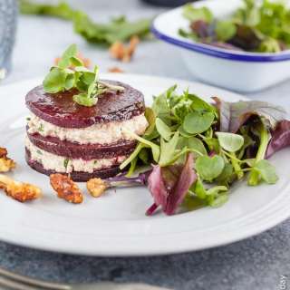 Roasted Beetroot Napoleons with Walnut Chive Cream (Vegan)