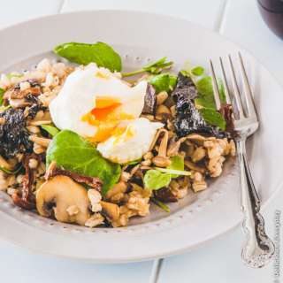 Barley and mushroom salad with poached egg