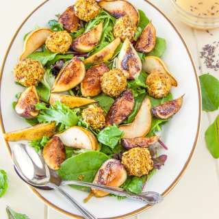 Fig & Pear Salad with Pistachio Crusted Labne and Honey & Lavender vinaigrette
