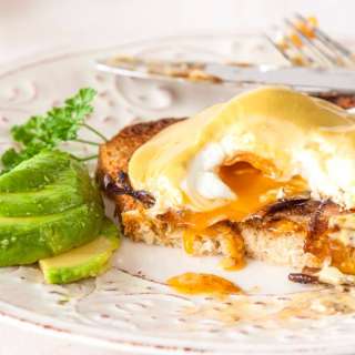 Vegetarian Eggs Benedict with Avocado Hollandaise & Mushroom "bacon"