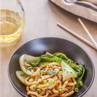 Bok Choy Noodles with Black Sesame and Spring Onion Oil