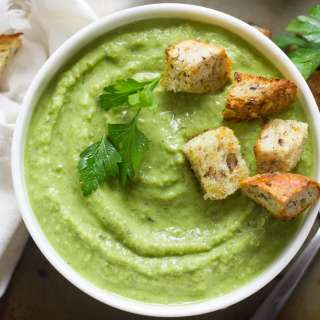 Herbed Fresh Pea Soup with Garlic Croutons