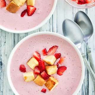 Strawberry Soup with Toasted Pound Cake Croutons